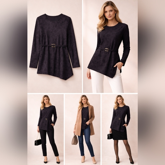 Joseph Ribkoff Vintage Black Tonal Floral Jacquard Asymmetrical Tunic Top - Picture 15 of 15